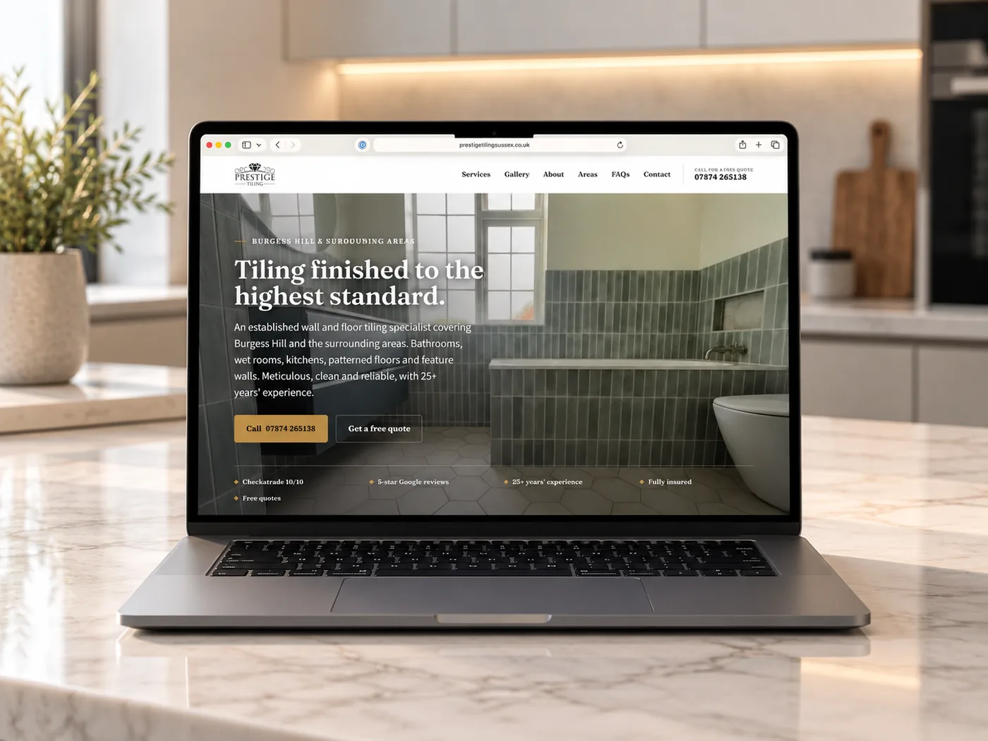 Prestige Tiling website screenshot, a Burgess Hill wall and floor tiling specialist